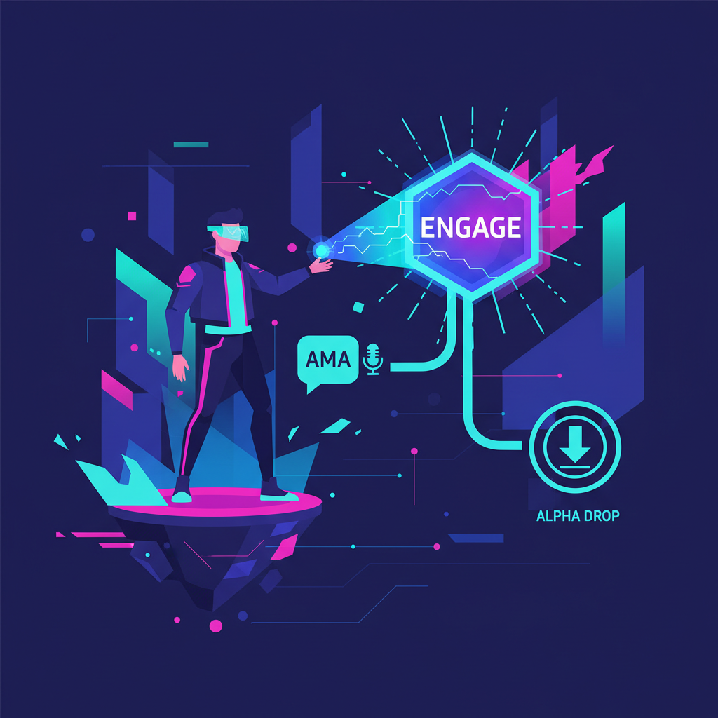 futuristic web3 creator launching glowing engagement token perks like AMAs and alpha drops, neon cyberpunk style, dynamic energy
