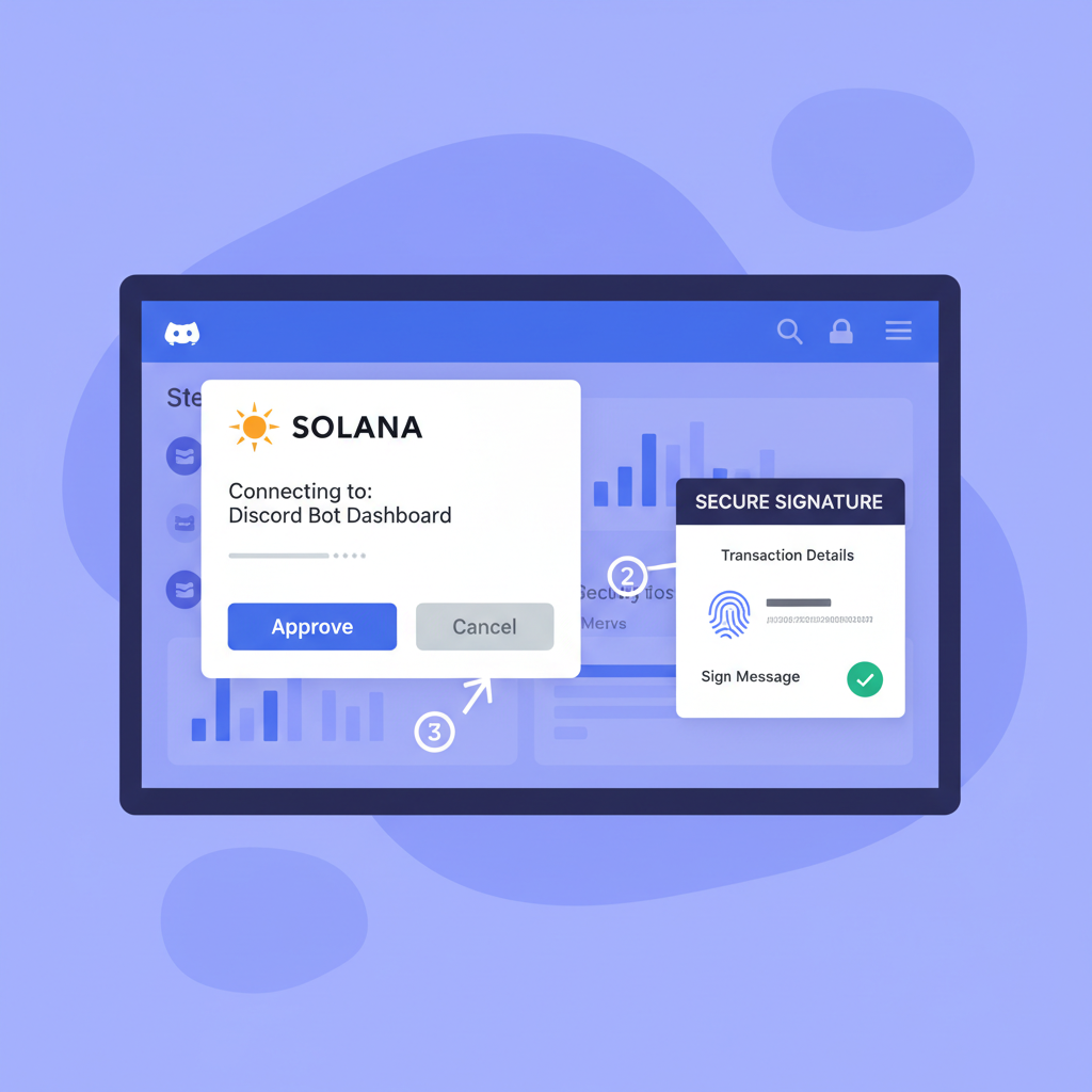Solana wallet popup connecting to Discord bot dashboard, secure signature screen
