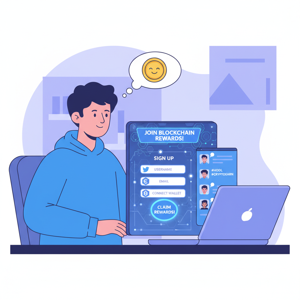user signing up for blockchain rewards app on laptop, futuristic UI, crypto twitter theme
