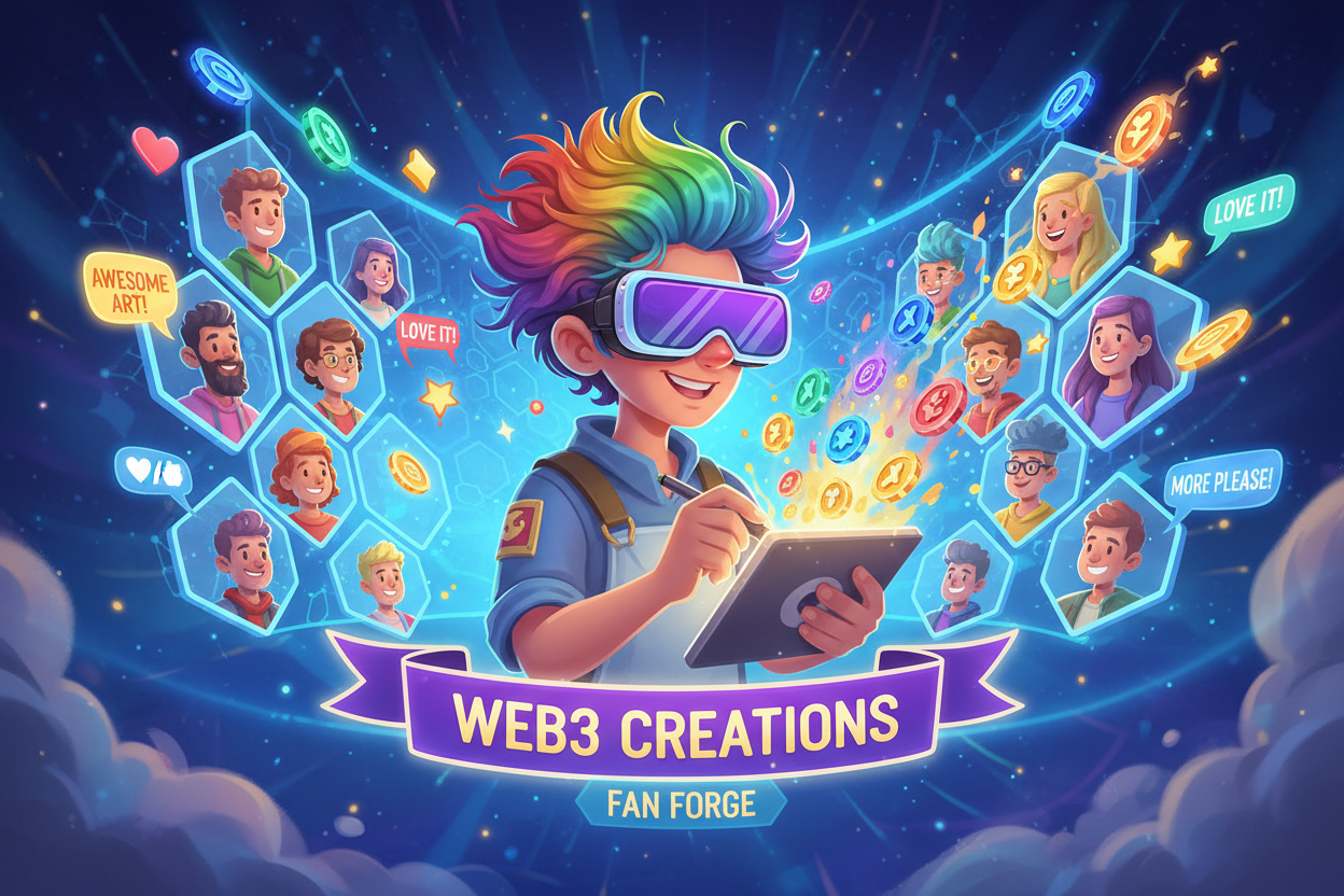 Vibrant digital illustration of Web3 creator receiving glowing engagement tokens from fan comments on blockchain network