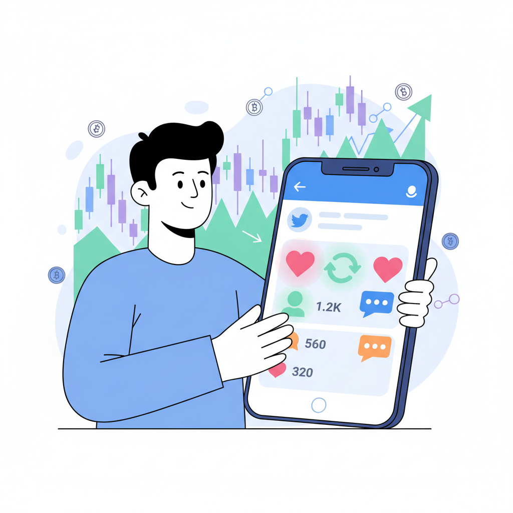 person engaging on twitter with likes retweets replies, crypto charts background, dynamic