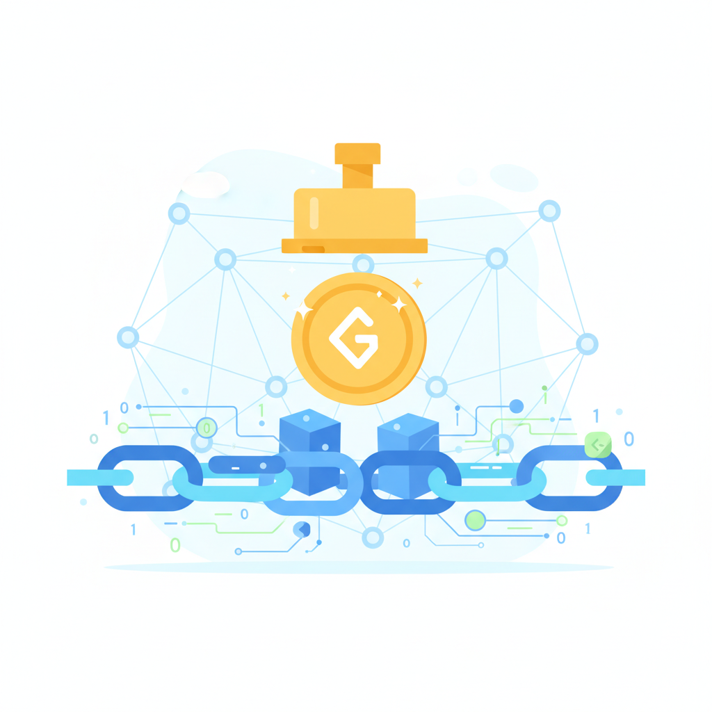 abstract art of minting golden token on blockchain network, glowing chains and code elements