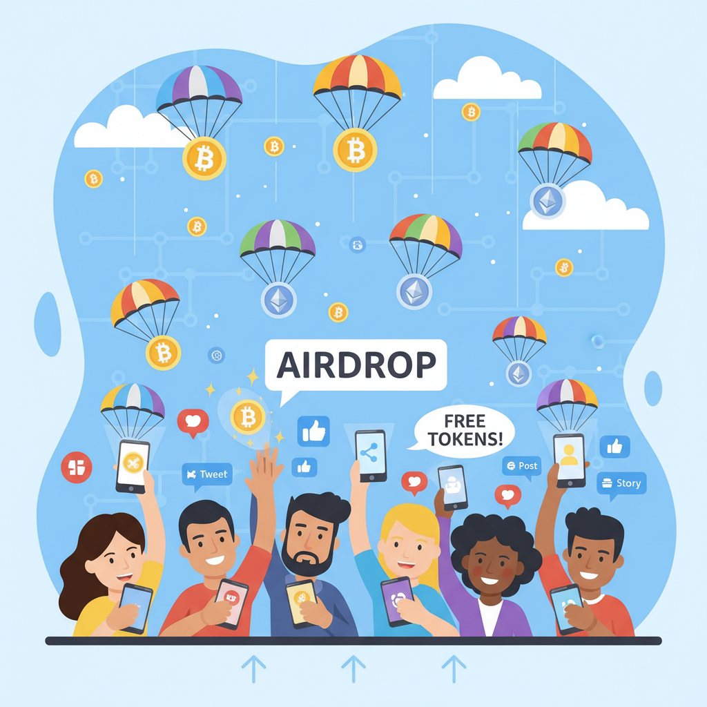airdrop tokens raining on influencers, crypto parachutes, social media crowd