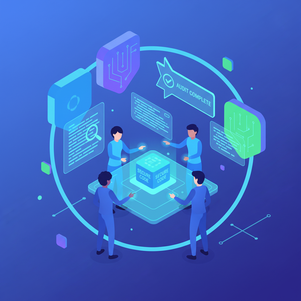 futuristic blockchain smart contract audit by experts, secure code review, neon holograms