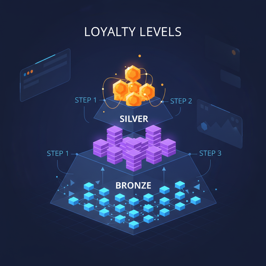 tiered loyalty pyramid with glowing social tokens stacking up levels, web3 blockchain aesthetic, minimalist