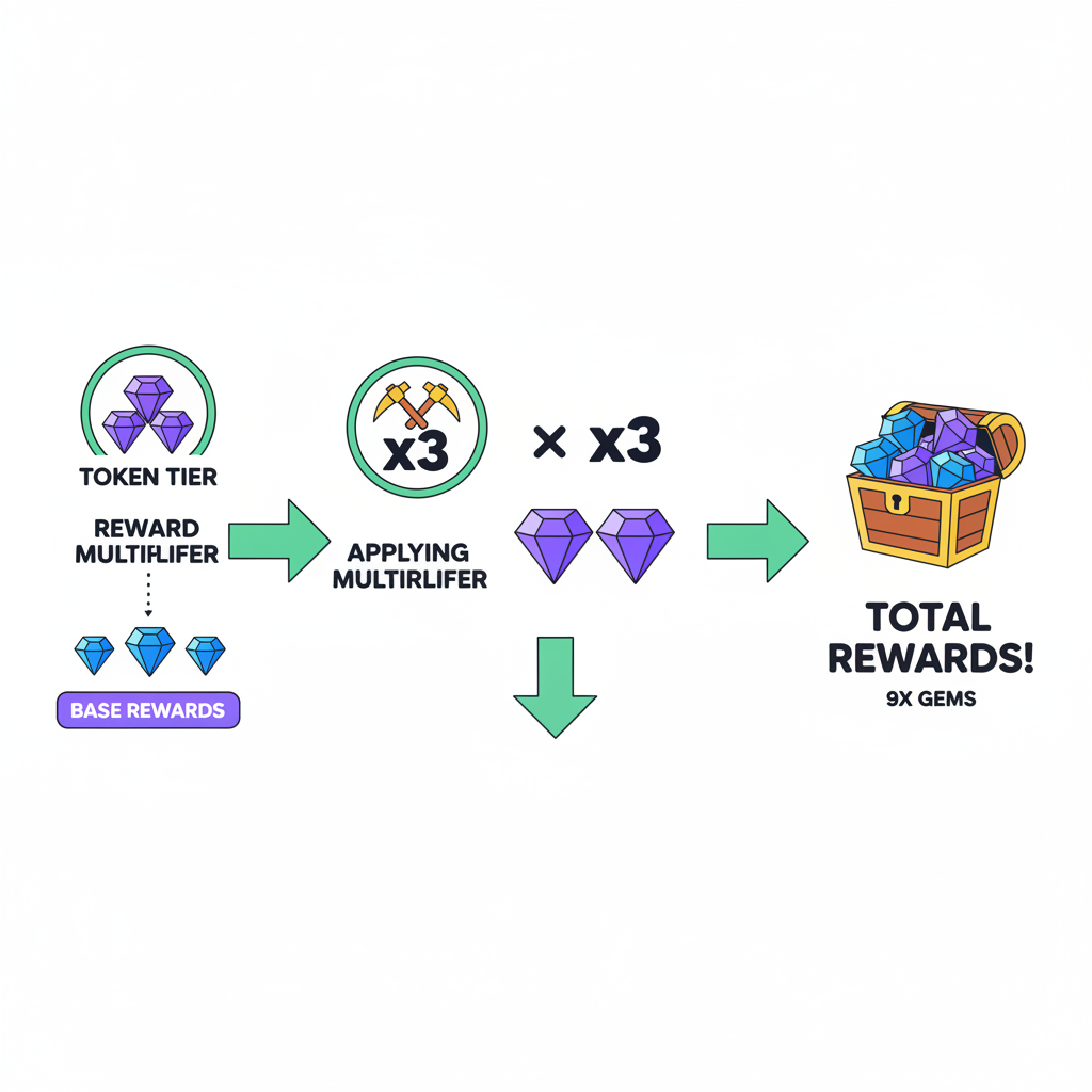 reward multipliers as multiplying gems from token tiers, gamified web3 loyalty dashboard