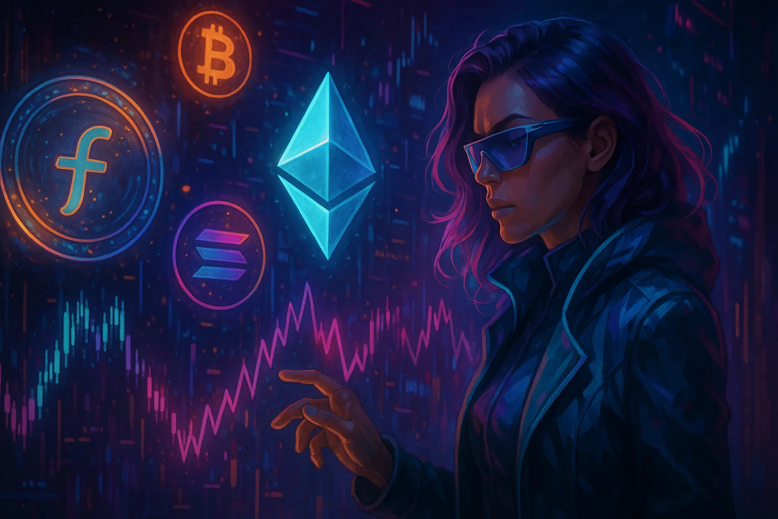 Futuristic illustration of Twitter users in a follow train exchanging glowing engagement tokens on a blockchain network, visualizing SocialFi rewards and Web3 creator monetization in 2026