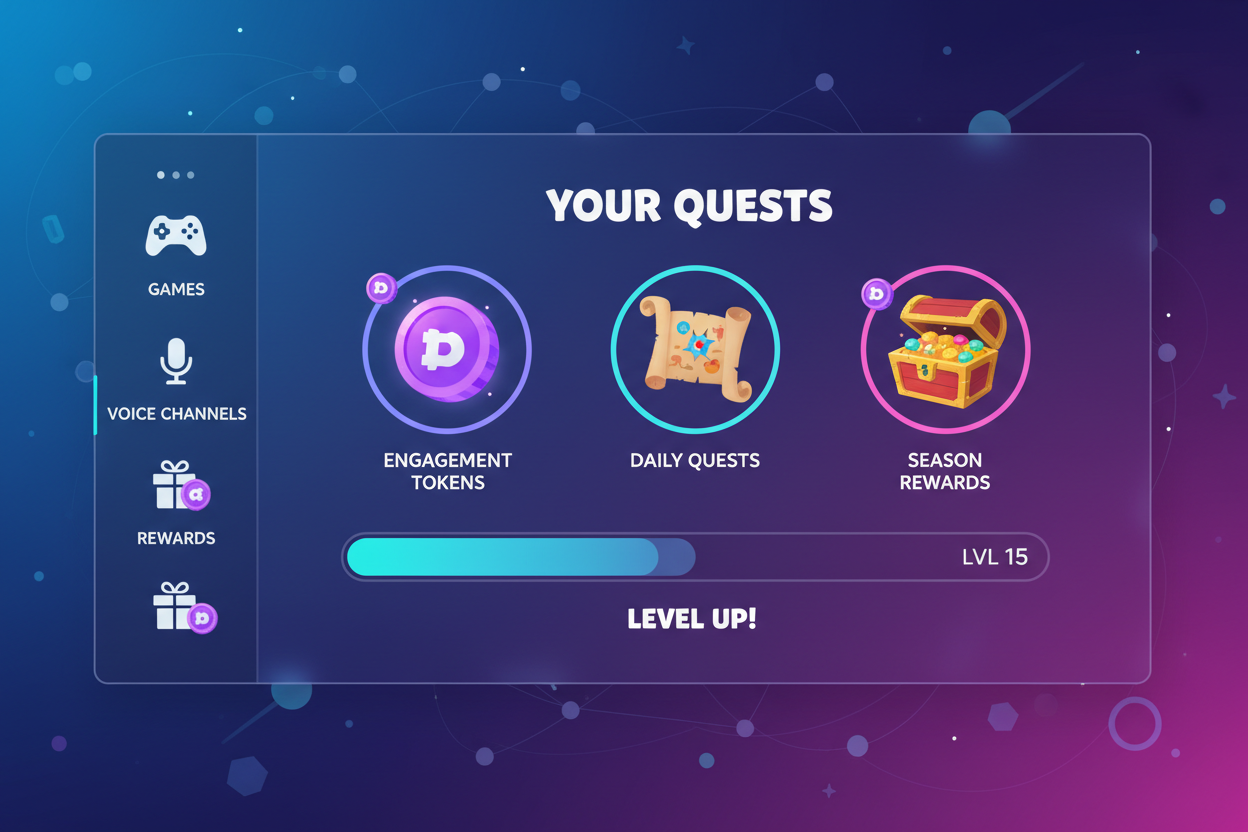 Vibrant illustration of Discord server dashboard distributing custom engagement tokens as rewards for quests and community activities